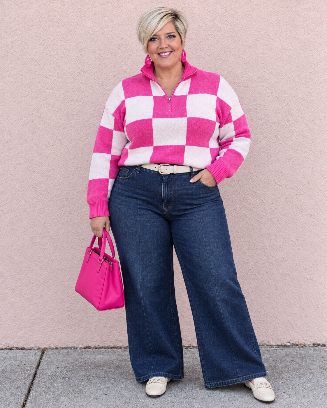 Shelli Jent in a pink checkered sweater with a pink handbag, smiling in front of a pink wall